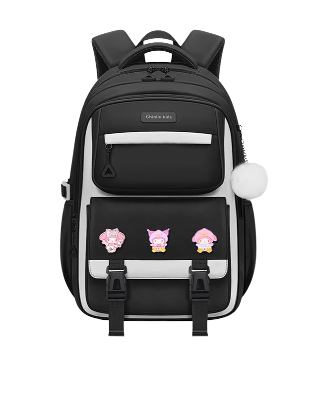 Classic black multi-color school backpack for girls, designed for durability and comfort, with various pockets for organizing school essentials in Pakistan
