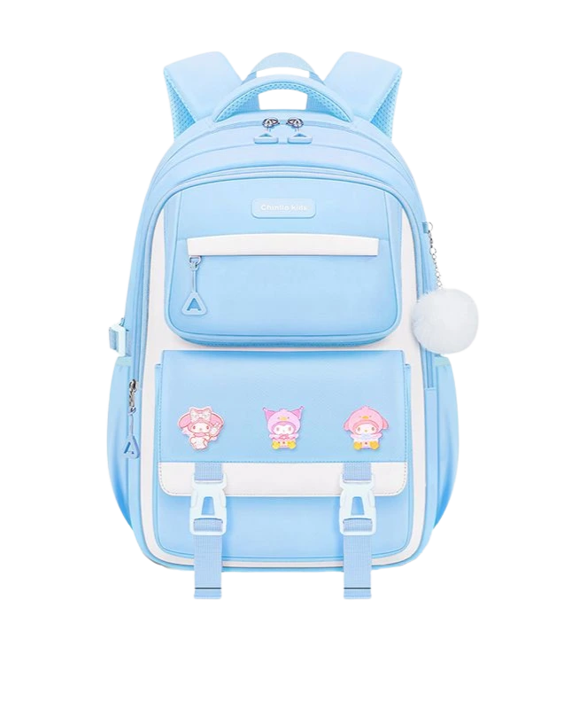 Trendy light blue multi-color school backpack for girls, offering a spacious interior and comfortable fit, suitable for students in Pakistan