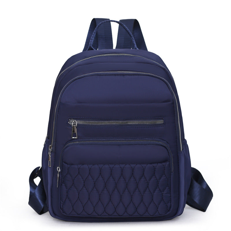 Women's Royal Blue Quilted Nylon Backpack - Multi-Pocket Waterproof Travel Daypack - Stylish College Bag with Silver Zippers & Puffer Aesthetic